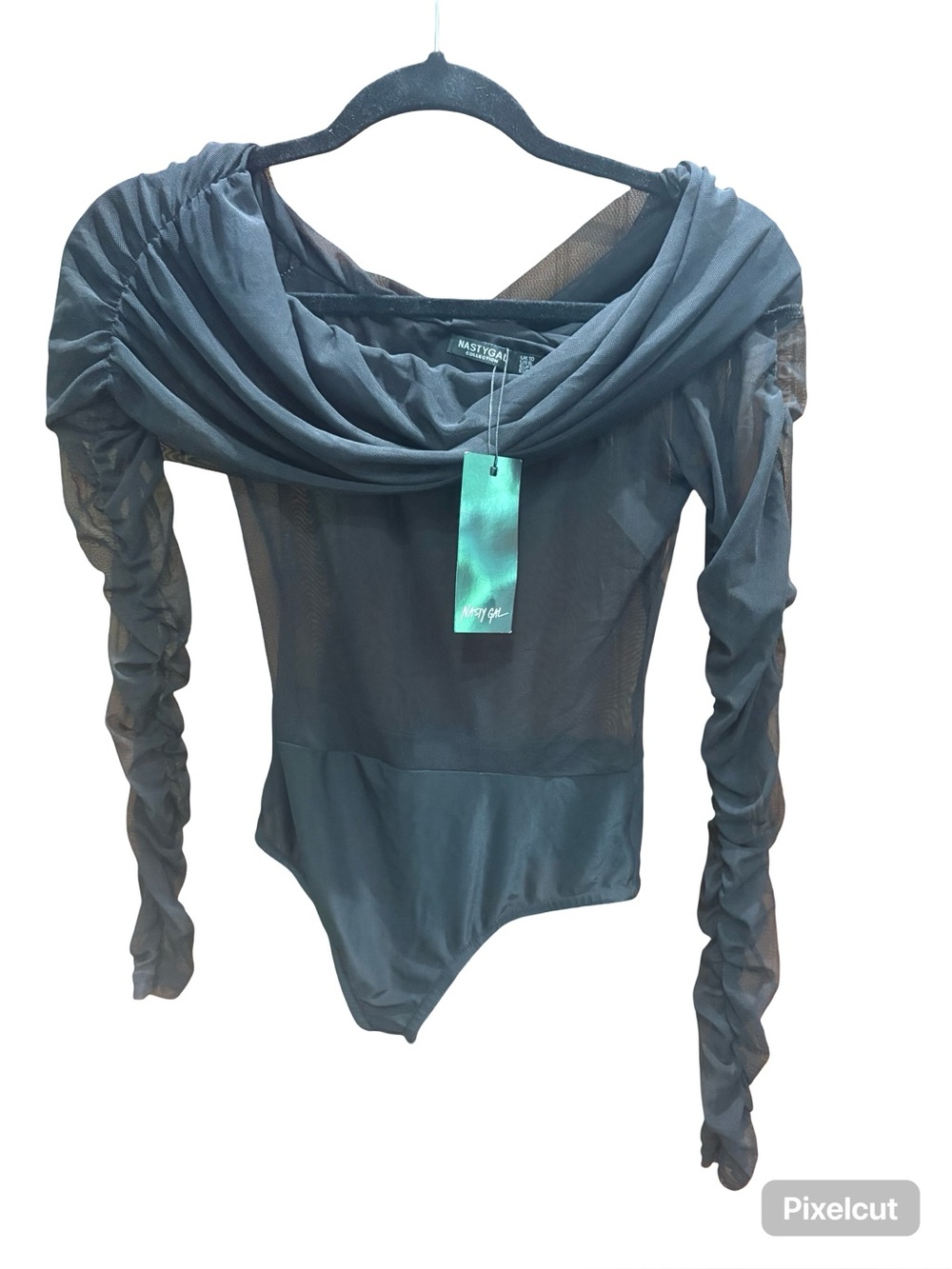 Nasty Gal Black Sheer Cowl-Neck Ruched Long-Sleeve Bodysuit